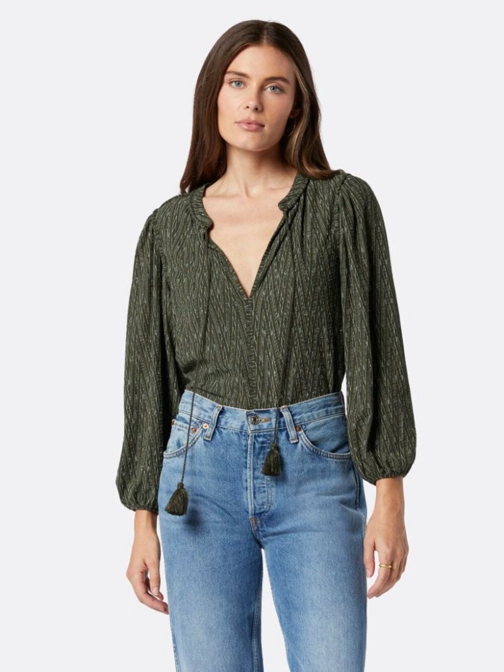 SOFT JOIE Collet Dark Green Cotton Puff Sleeve Tassel Peasant Blouse, Size XS